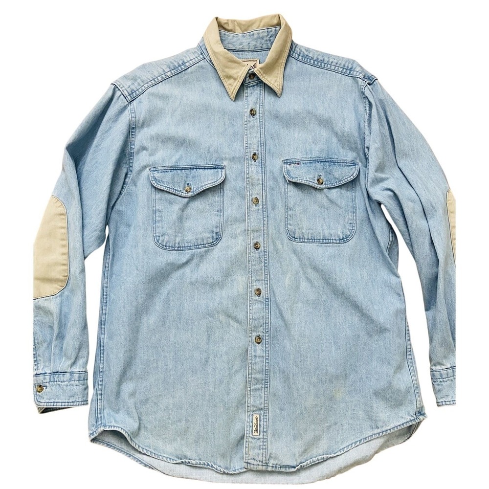 Vintage 90s Woolrich Denim Shirt Mens L USA Made Canvas Collar Elbow Patch Chore